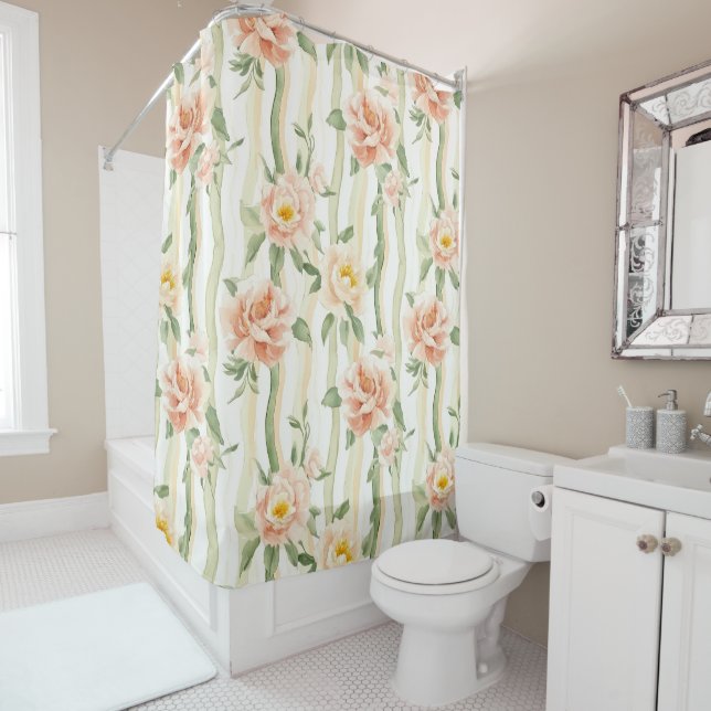 Peach Mint Roses Floral Stripes   Shower Curtain (In Situ)