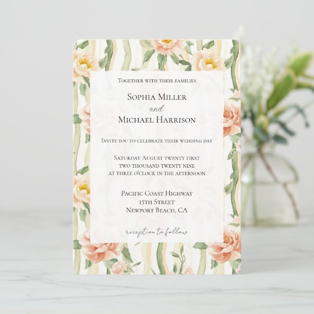 Peach Mint Roses Floral Stripes Wedding Invitation (Standing Front)
