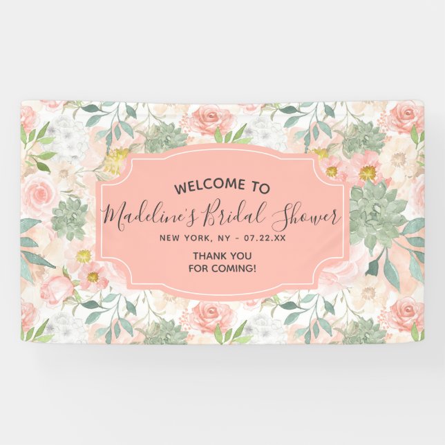 Peach Mint Succulent Floral Bridal Shower Welcome Banner (Horizontal)