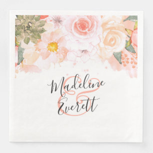 Peach & Mint Succulents Floral Monogram Wedding Napkin