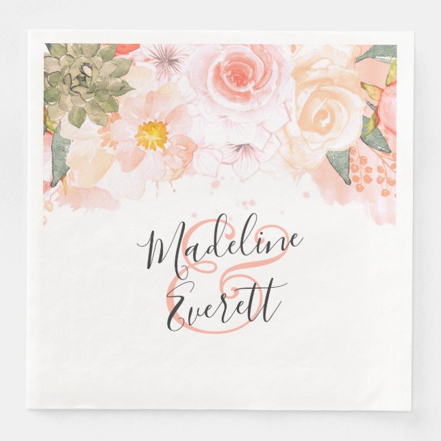 Peach & Mint Succulents Floral Monogram Wedding Napkin (Front)