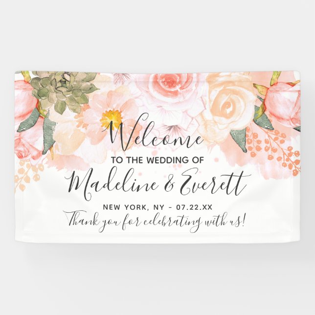 Peach & Mint Succulents Floral Wedding Welcome Banner (Horizontal)
