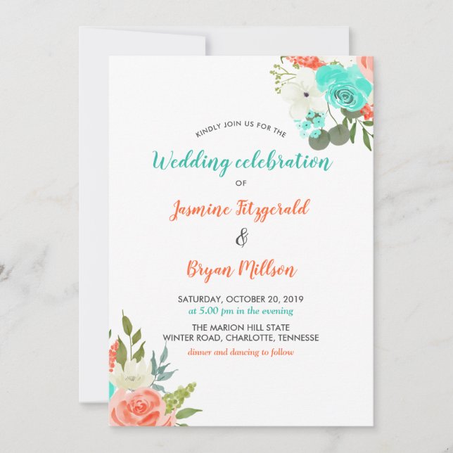 Peach Mint Watercolor Floral | Wedding Invitation (Front)
