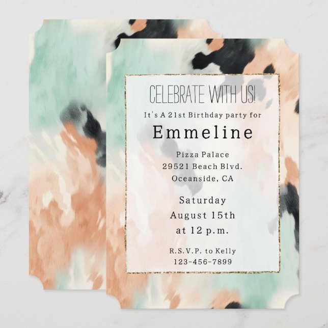 Peach Mint White Western Cowhide Invitation (Front/Back)
