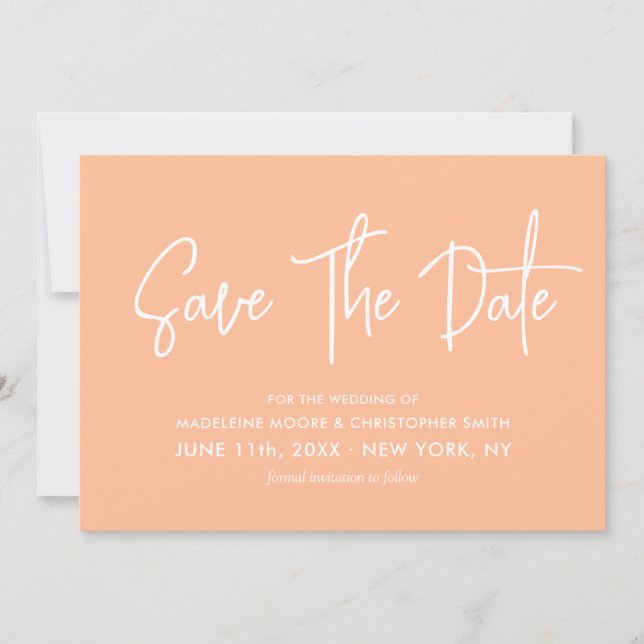 Peach Modern Calligraphy Scannable QR Code Wedding Save The Date (Front)