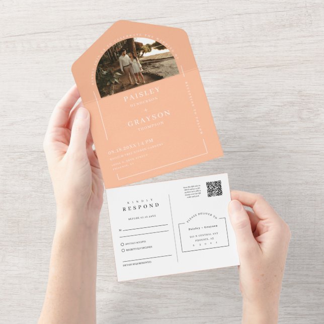 Peach Modern Minimal Arch Photo QR Code RSVP All In One Invitation (Tearaway)