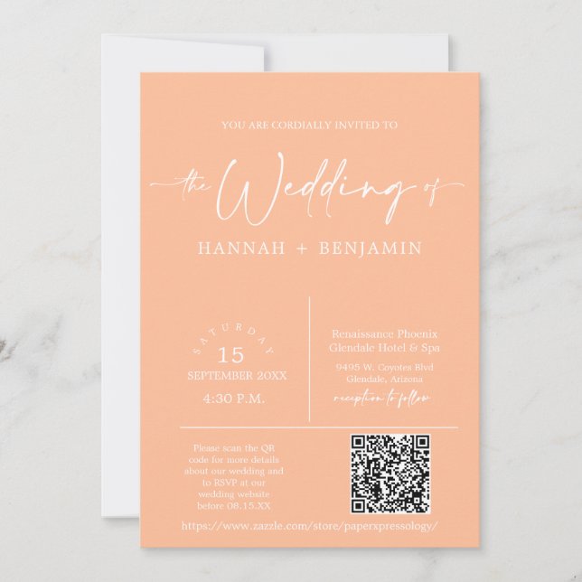 Peach Modern Minimalist Wedding Arch QR Code Photo Invitation (Front)