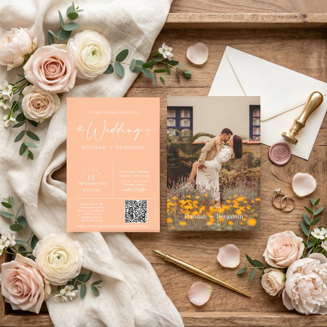 Peach Modern Minimalist Wedding Arch QR Code Photo Invitation (Creator Uploaded)