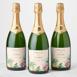 Peach Modern Watercolor Tropical Floral Wedding Sparkling Wine Label