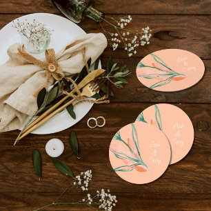 Peach Modern Wedding Round Paper Coaster