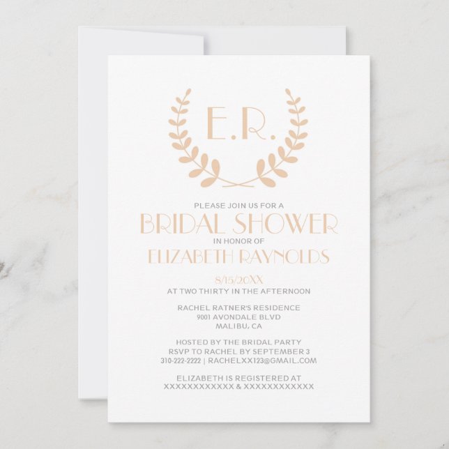 Peach Monogram Bridal Shower Invitations (Front)
