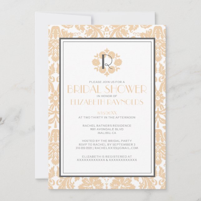 Peach Monogram Damask Bridal Shower Invitations (Front)