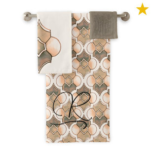Peach Monogram Watercolor Geometric Pattern  Bath Towel Set