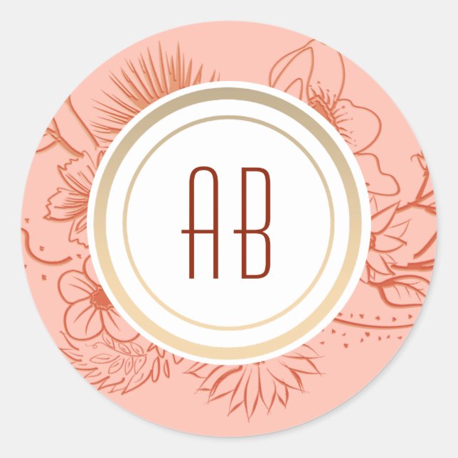 Peach Monogram Wedding Classic Round Sticker (Front)
