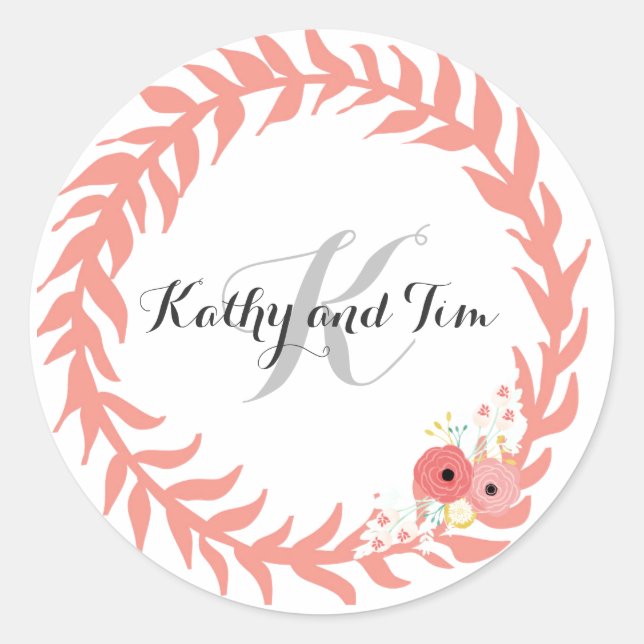 Peach Monogram Wedding Envelope Seals & Stickers (Front)