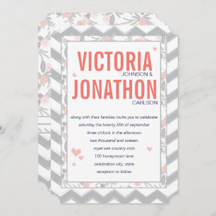 Peach Navy and Grey Zig Zag Typography Wedding Invitation