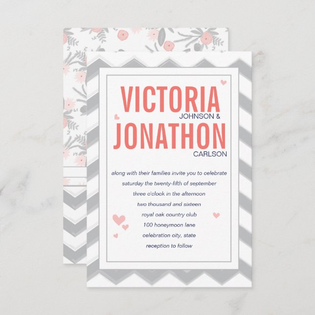 Peach Navy and Grey Zig Zag Typography Wedding Invitation (Front/Back)