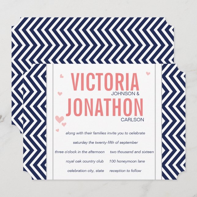 Peach Navy and Grey Zig Zag Typography Wedding Invitation (Front/Back)