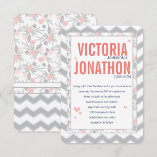Peach Navy and Grey Zig Zag Typography Wedding Invitation