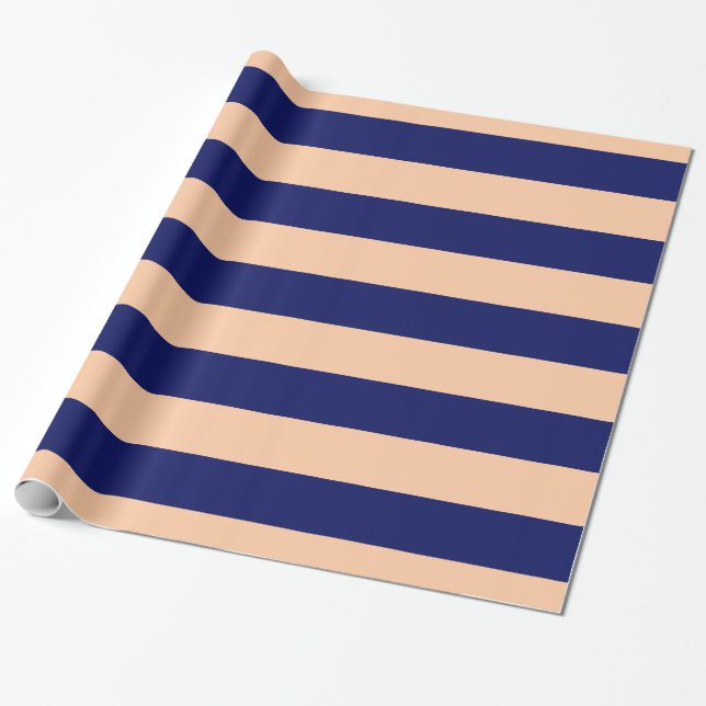 Peach, Navy Blue XL Stripes Pattern V Wrapping Paper (Unrolled)