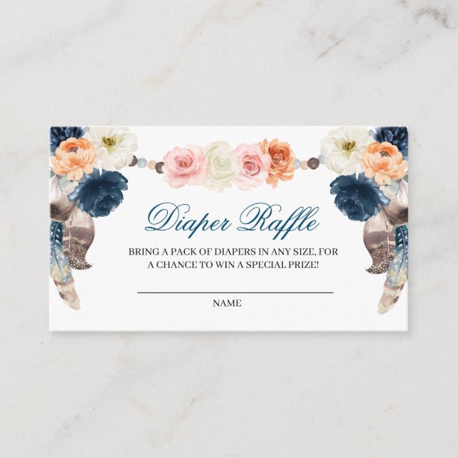 Peach Navy Boho Diaper Raffle Enclosure Card (Front)