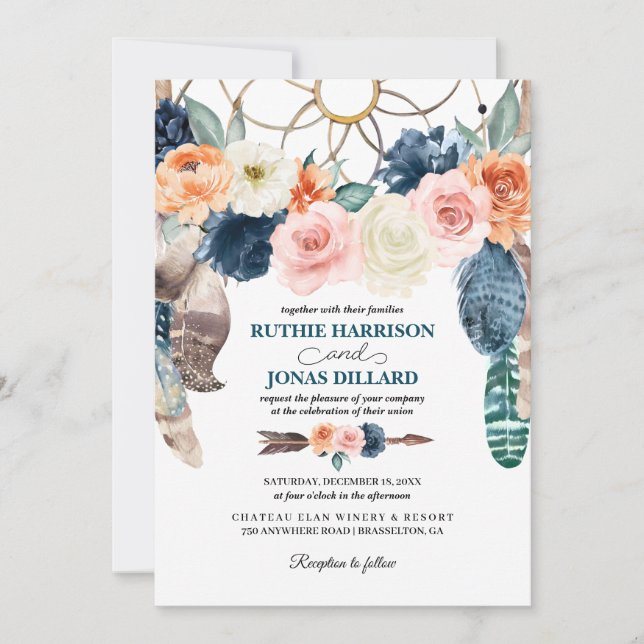 Peach Navy Boho Dreamcatcher Wedding Invitation (Front)