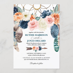 Peach Navy Boho Dreamcatcher Wedding Invitation