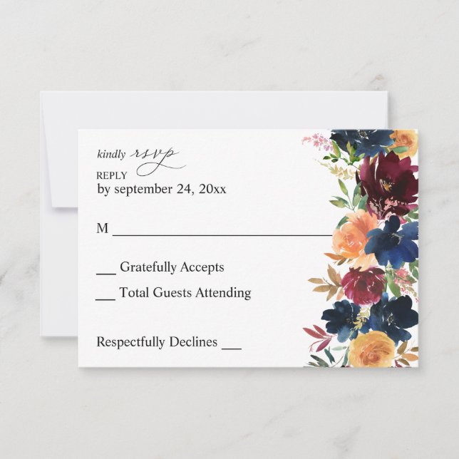 Peach, Navy, Burgundy Floral no Meal RSVP Card (Front)
