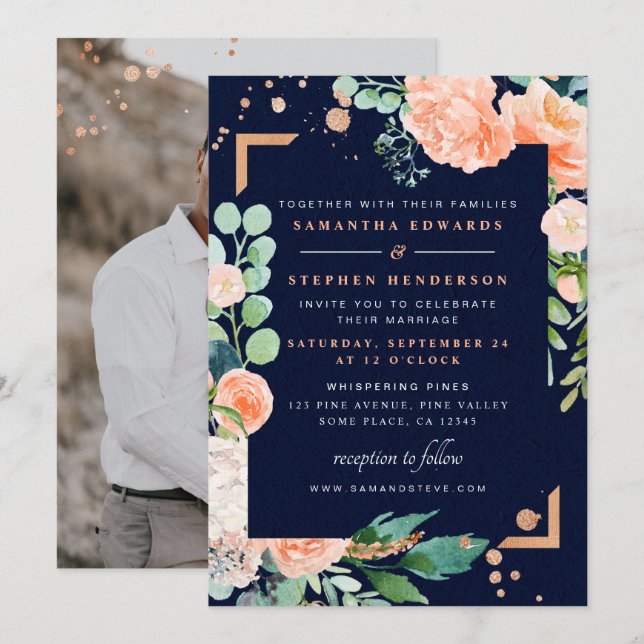 Peach Navy Copper Floral Watercolor Photo Wedding Invitation (Front/Back)