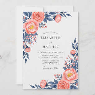 Peach Navy Exquisite Floral Wedding Invitation