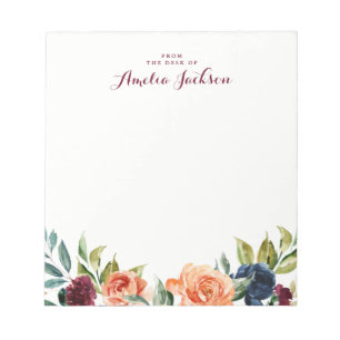 Peach Navy Floral Personalised Notepad Stationery