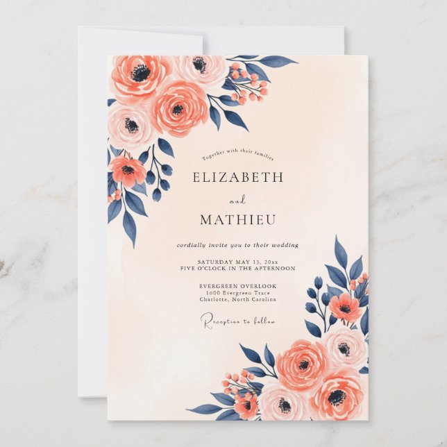 Peach Navy Graceful Spring Wedding Invitation (Front)