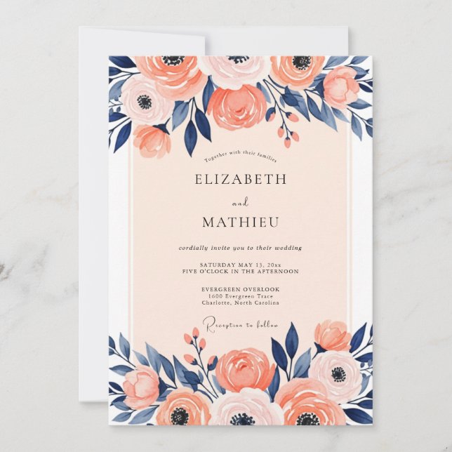 Peach Navy Illustrative Spring Wedding Invitation (Front)