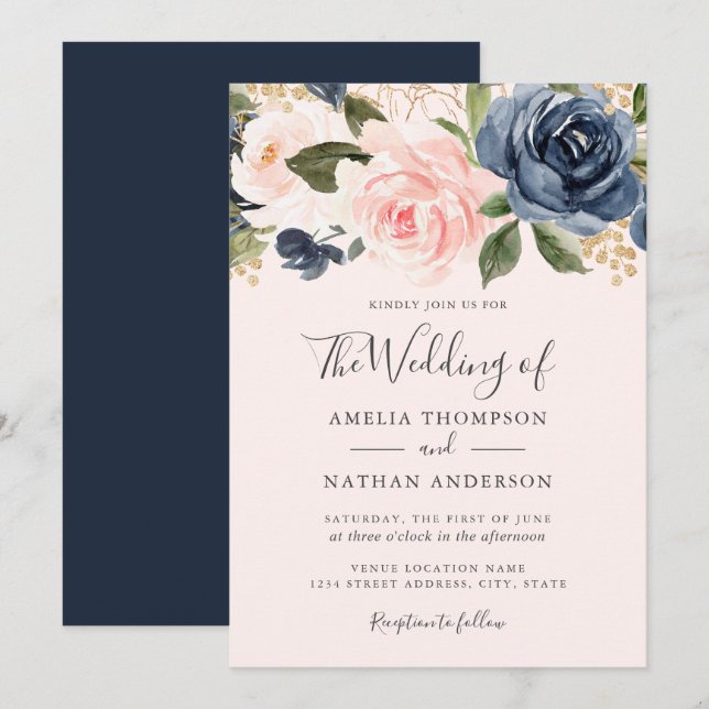 Peach Navy Watercolor Florals Wedding Invitation (Front/Back)