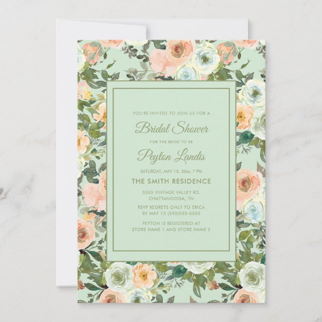 Peach Neo Mint Dusty Blue Floral Bridal Shower Invitation (Front)