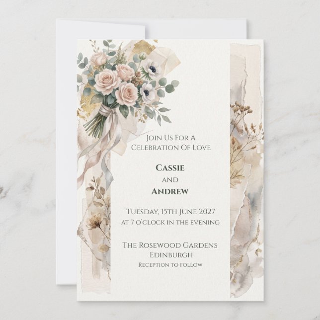 Peach Neutral Floral Wedding Invitation (Front)