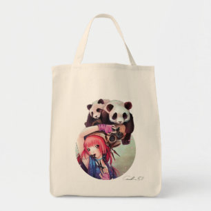 Peach Ninja Pandas Grocery Tote Bag