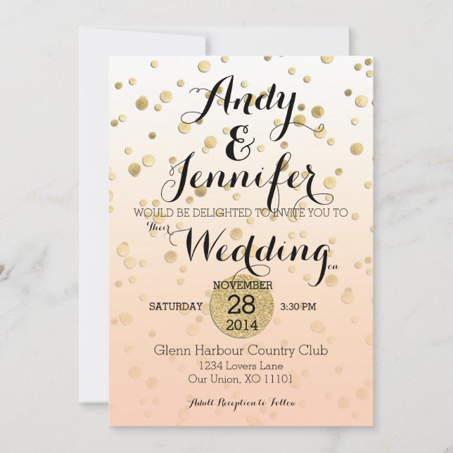 Peach Ombré & Gold Confetti ♥ Wedding Invitation (Front)