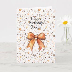 Peach Orange Bow Hearts Stars Confetti Birthday Card