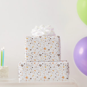 Peach Orange Bow Hearts Stars Confetti Birthday Wrapping Paper