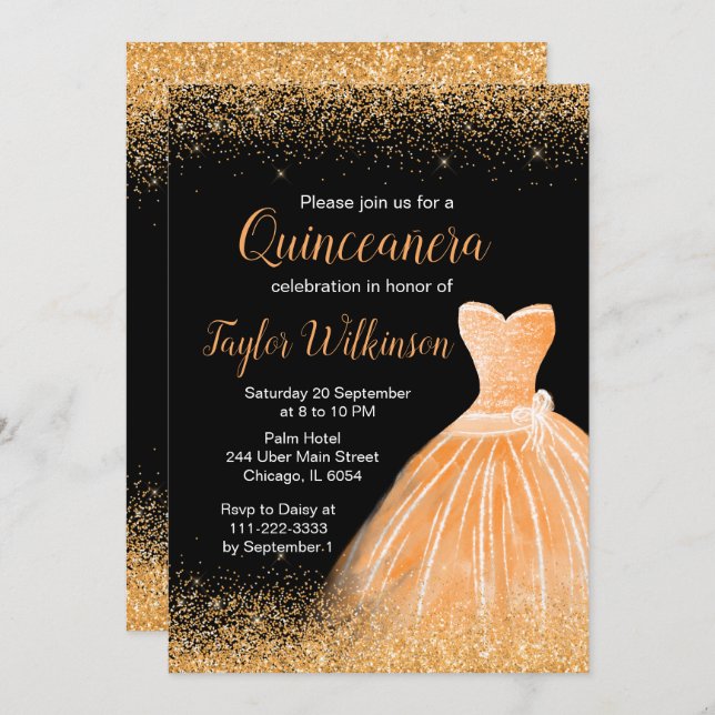 Peach Orange Dress Faux Glitter Quinceanera Invitation (Front/Back)