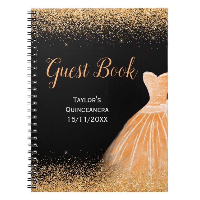 Peach Orange Dress Faux Glitter Quinceanera Notebook (Front)