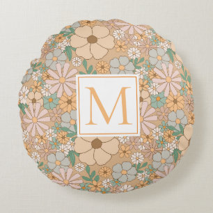 Peach Orange Floral   Persnalize Monogram Round Cushion