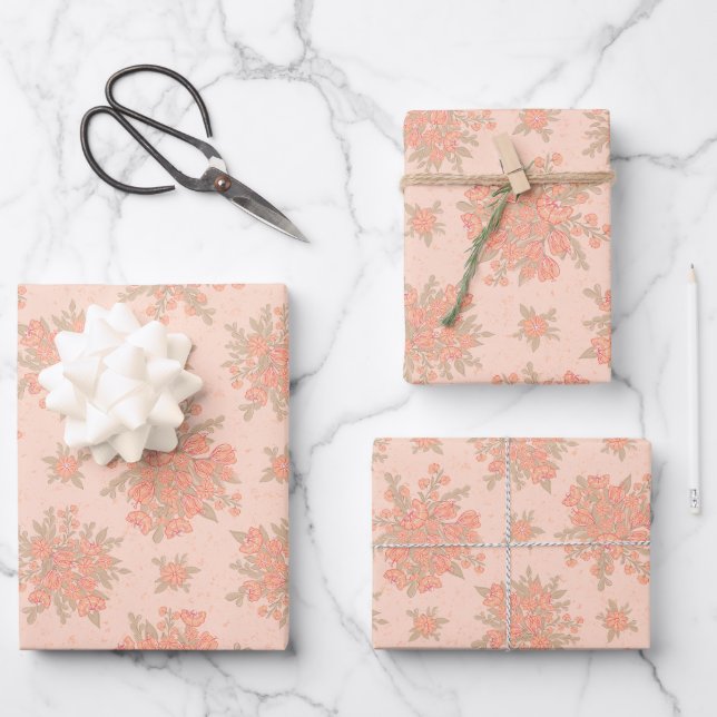 Peach Orange Flowers Floral Wrapping Paper Sheet (Front)