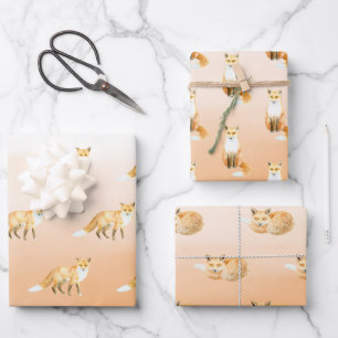 Peach Orange Foxes Wrapping Paper Sheet