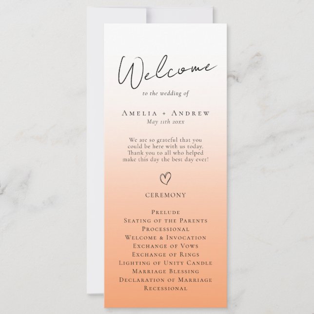 Peach Orange Fuzz Elegant Minimal Wedding Program (Front)