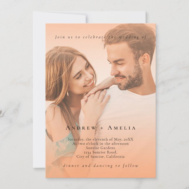 Peach Orange Fuzz Elegant Photo QR Code Wedding Invitation (Front)