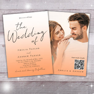 Peach Orange Fuzz Elegant Photo QR Code Wedding Invitation
