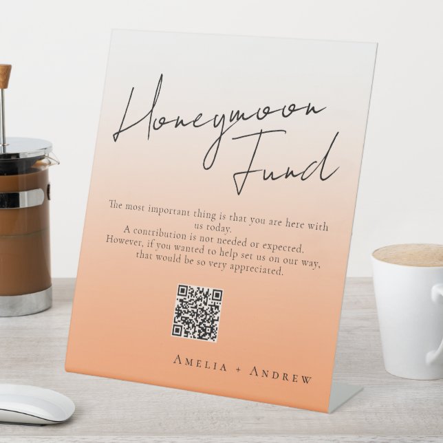 Peach Orange Fuzz Minimal Script Elegant Wedding Pedestal Sign (In SItu)