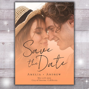 Peach Orange Fuzz Photo Elegant Script Wedding Save The Date